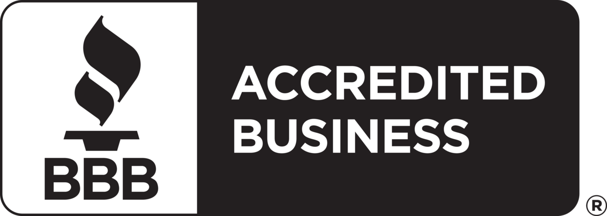 BBB Accredited Business logo, black and white; includes flame graphic and text.