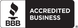 BBB Accredited Business logo, black and white; includes flame graphic and text.