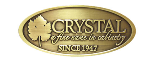 Gold oval Crystal Cabinetry logo with leaf, text: 