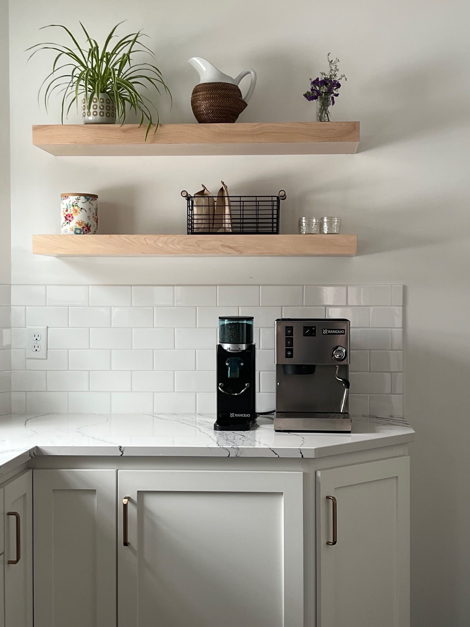 Kitchen counter with espresso machine and grinder. White cabinets and shelves with plants and decor.