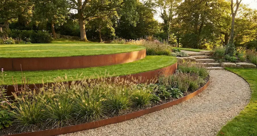 Landscaped garden with layered grass beds, gravel path, and stone steps.