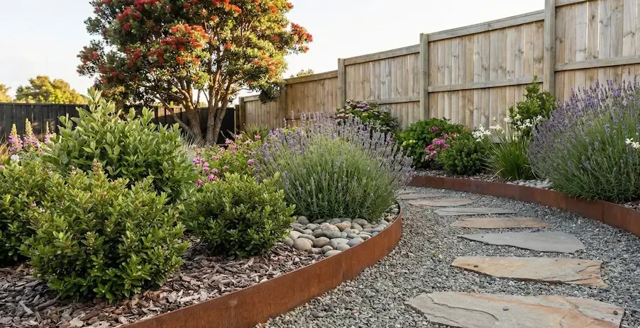 A landscaped garden with a pathway of stepping stones, edged by a metal border and gravel, and surrounded by plants and a wooden fence.