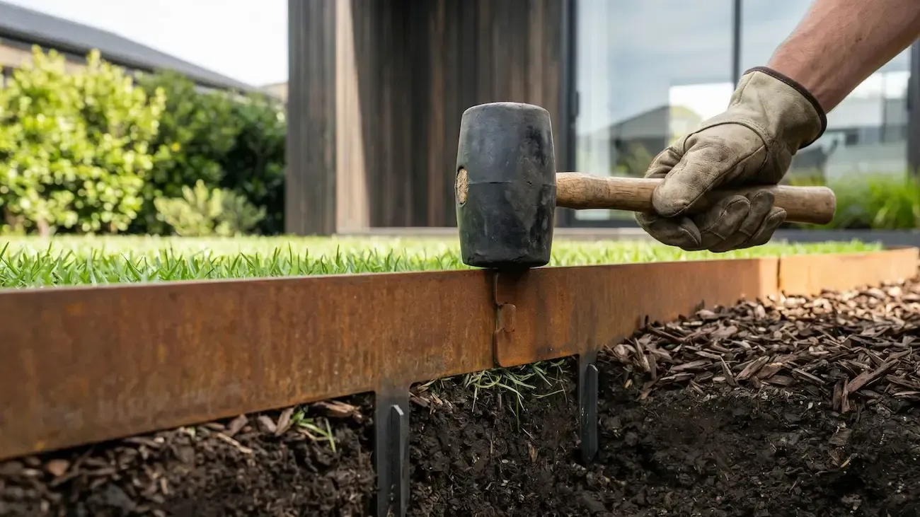 Gloved hand using a mallet to tap a rusted steel garden edge into place beside a landscaped bed