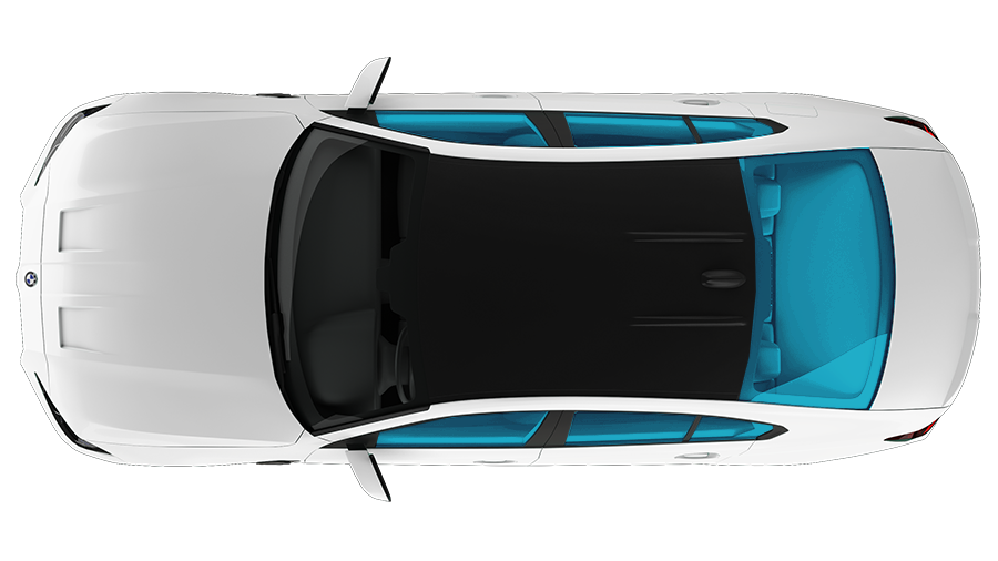Top-down view of a white car with a black roof and red interior panels on a white background