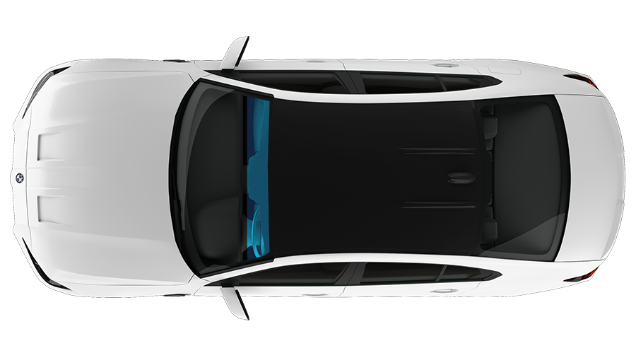 Top-down view of a white car with a black roof and red interior visible through the windows.