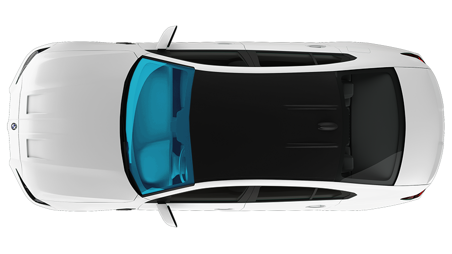 Top-down view of a white car with a red roof and black windshield on a white background