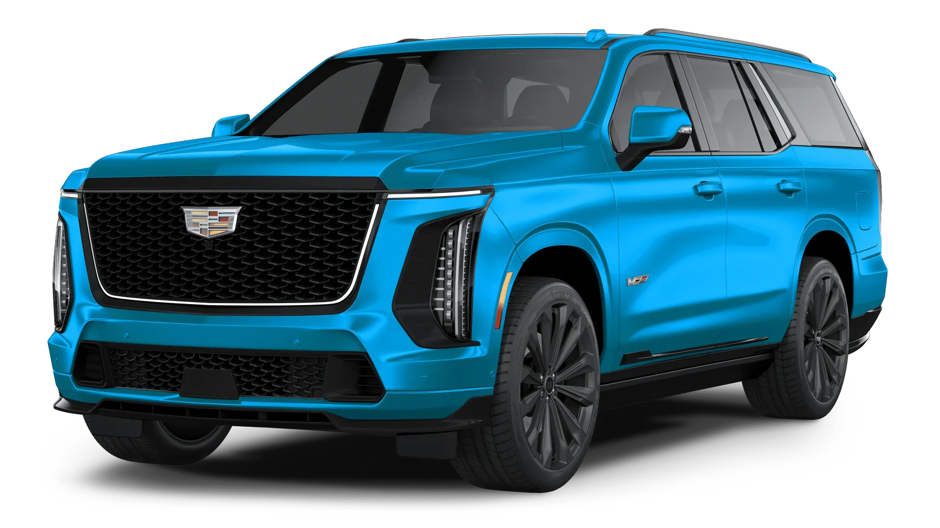 Bright blue Cadillac SUV on a white background, front three-quarter view