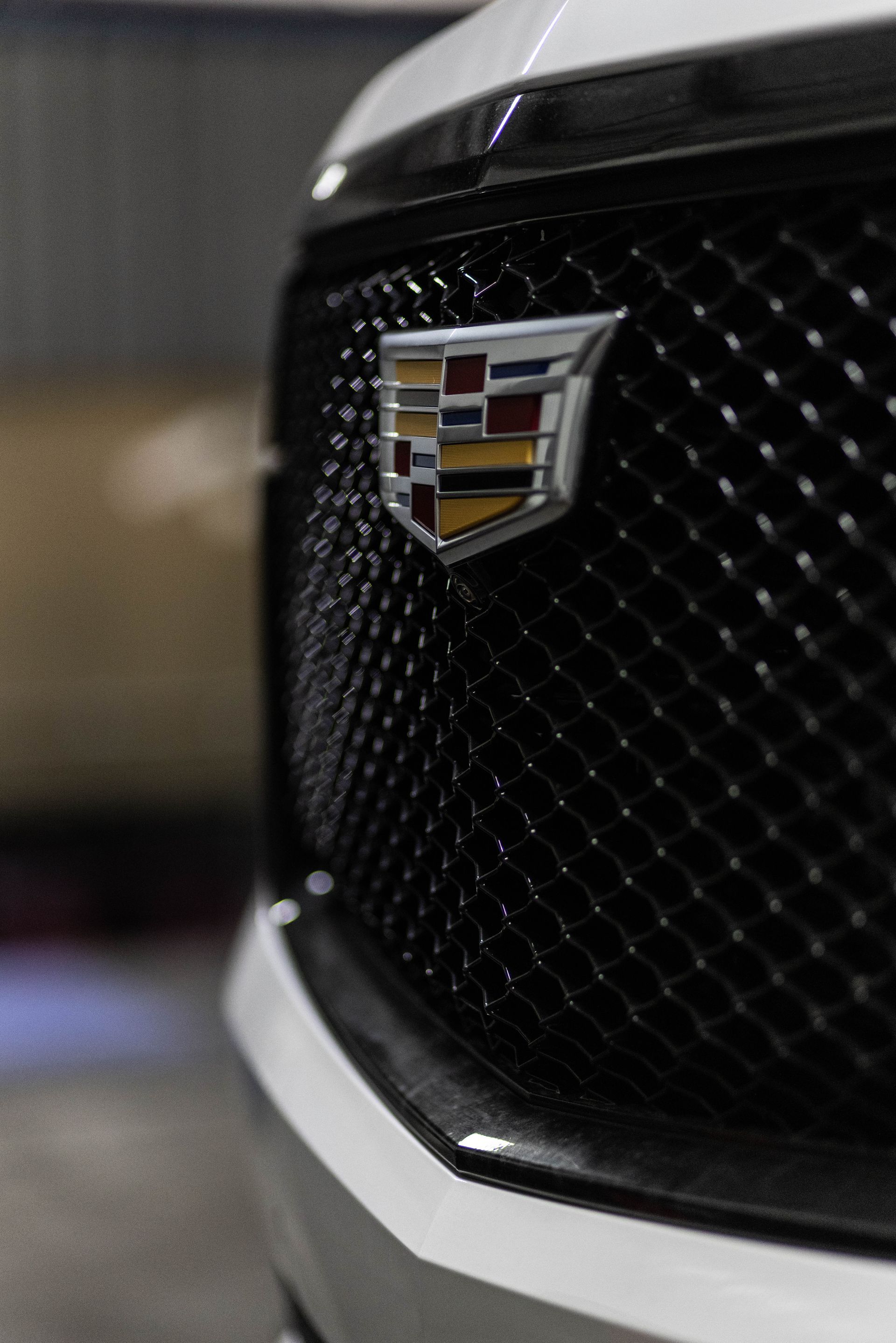 Close-up of a Cadillac grille emblem on a black mesh front end
