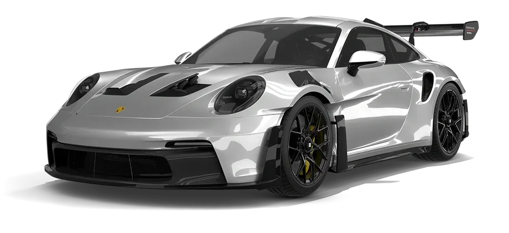 Silver Porsche 911 GT3 race car with black accents and a rear wing, shown on a white background
