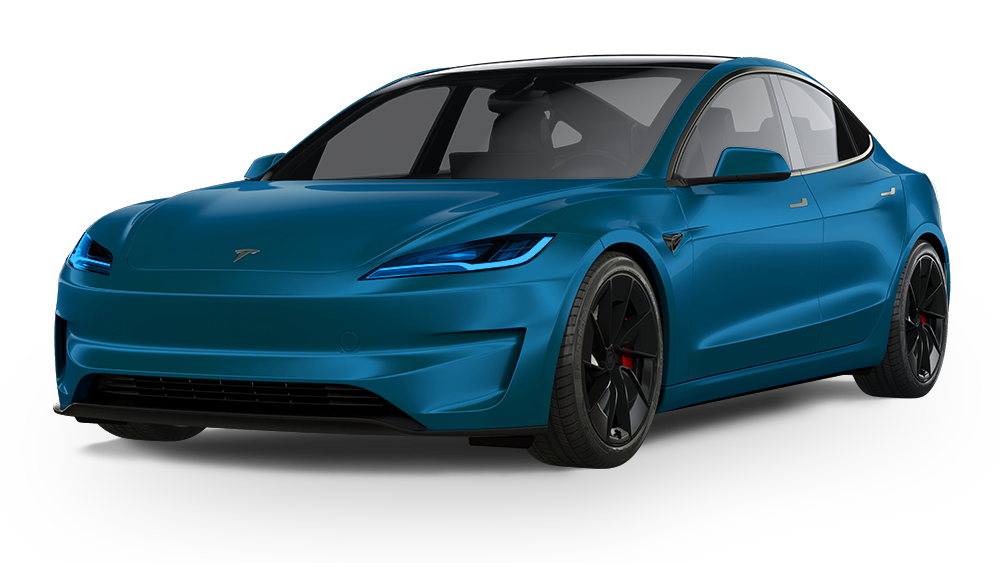 Blue electric sedan on a white background, shown in a front three-quarter view.