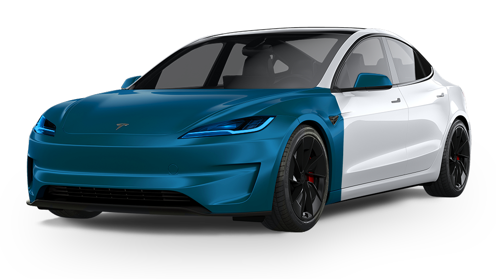 Blue and white Tesla sedan in a studio setting, front three-quarter view