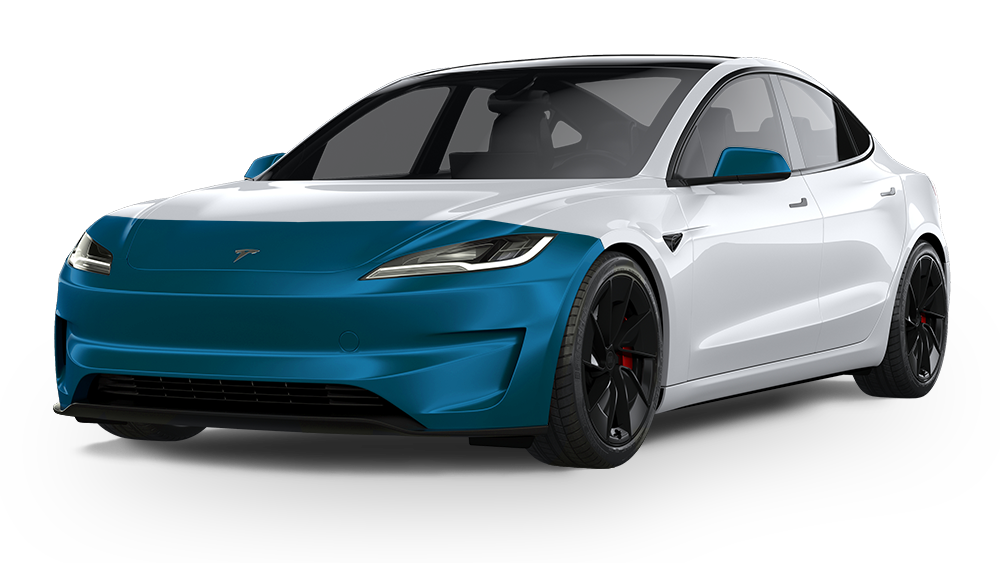 White and teal Tesla-style sedan on a white background, front three-quarter view