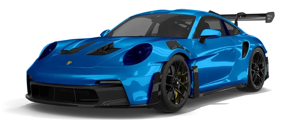 Blue sports car with black accents and a large rear wing on a white background