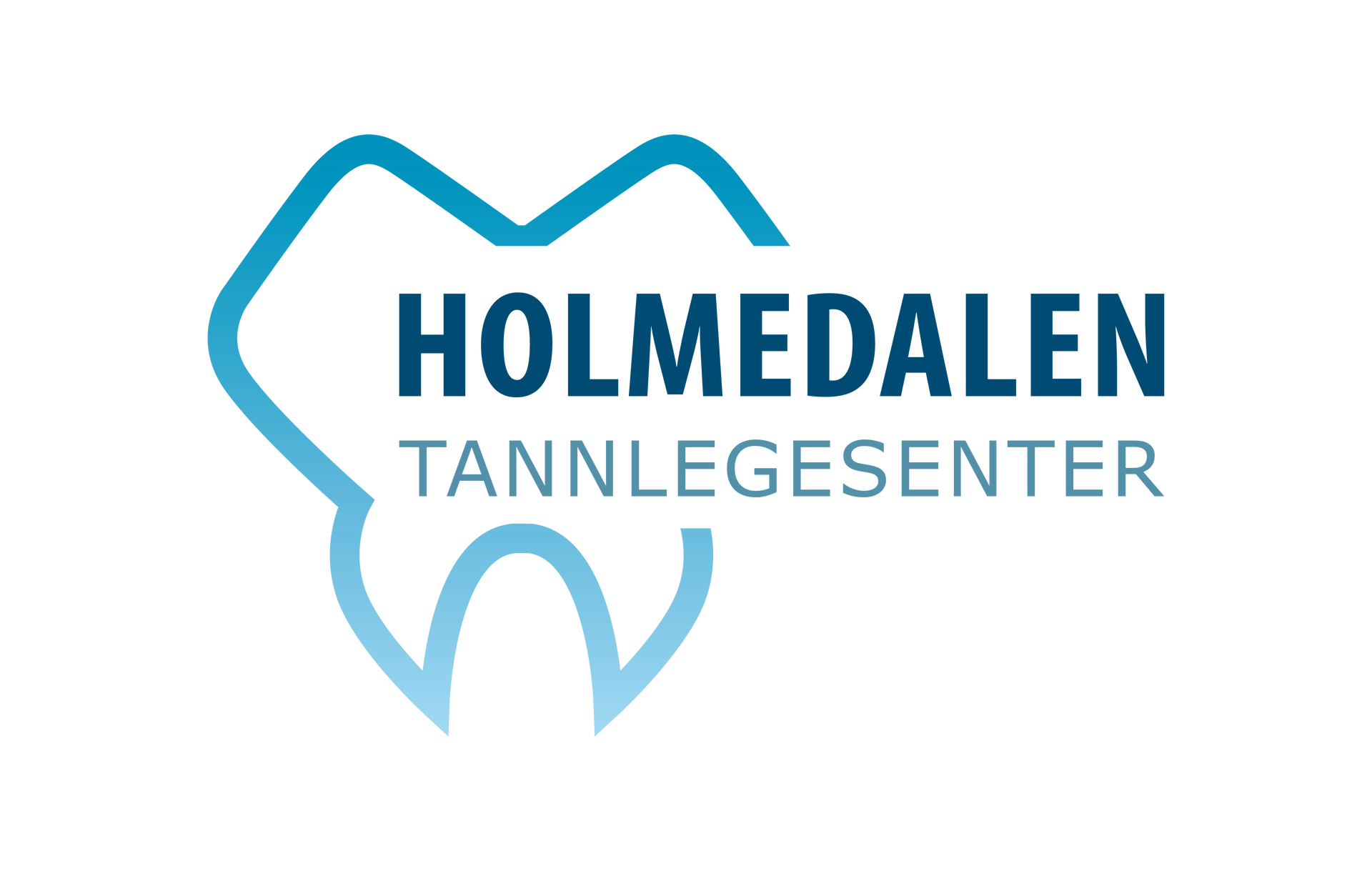 Logo for Holmedalen Tannlegesenter: a blue tooth shape framing text in dark blue.