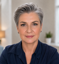 Kvinne i blå skrubber, smilende, holder en røntgenmaskin for tannleger på et tannlegekontor.