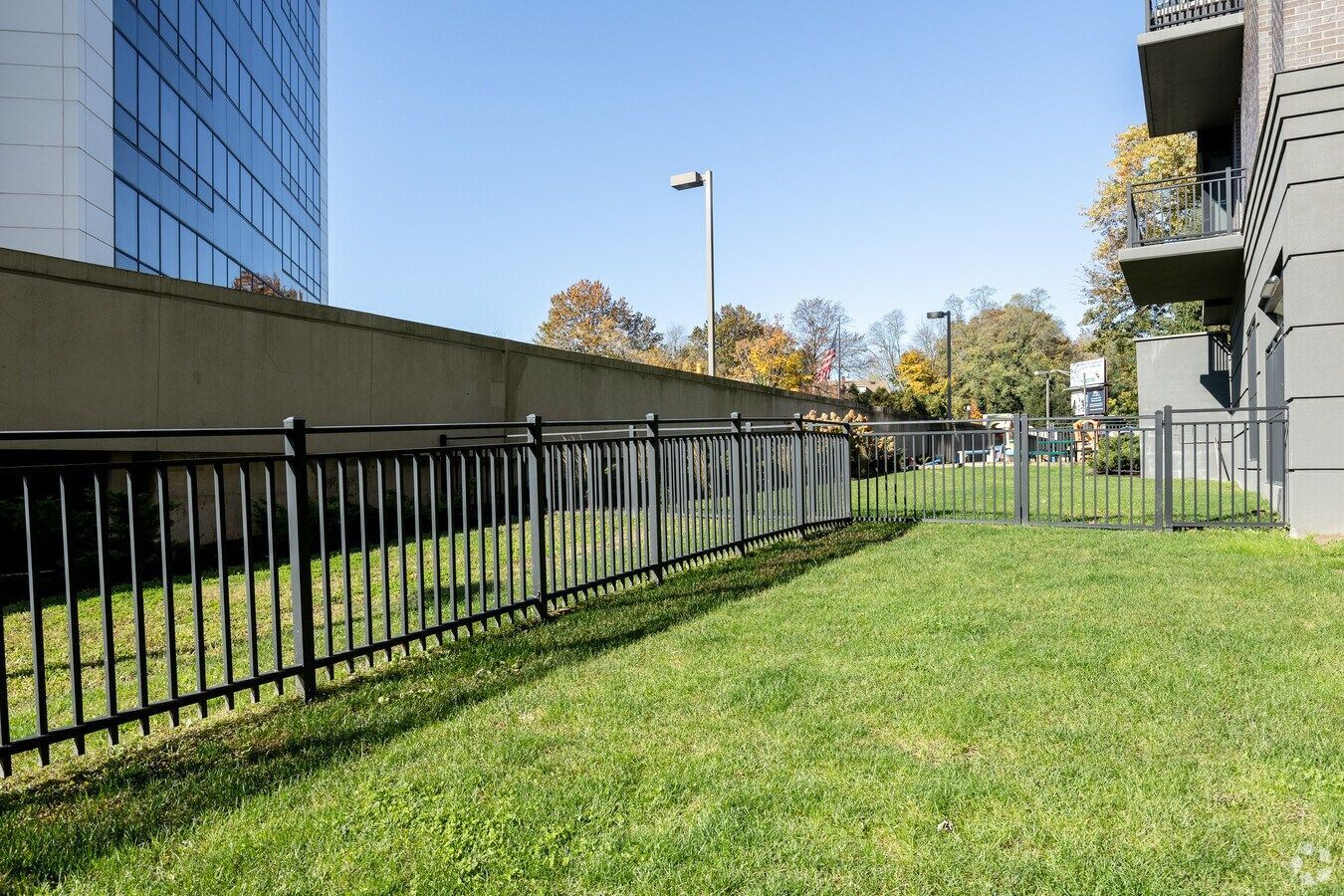Grassy courtyard beside black metal fence, apartment buildings, and a path under clear blue sky
