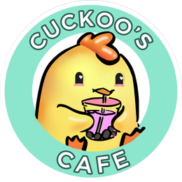 Cuckoo&rsquo;s Cafe logo with a smiling cartoon chick sipping from a cup on a mint-green circle