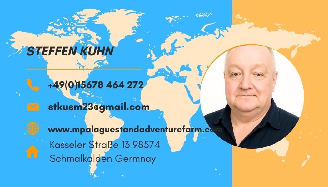 Business card for Steffen Kuhn featuring a world map background, contact details, and a portrait of a person.