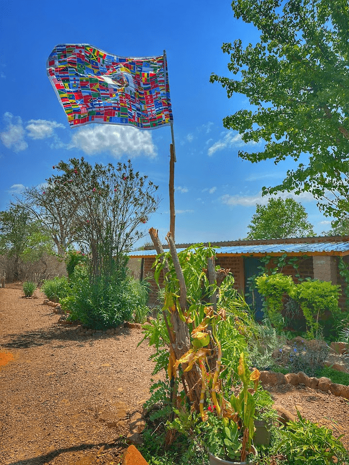 A colorful flag is flying in the wind in front of a house