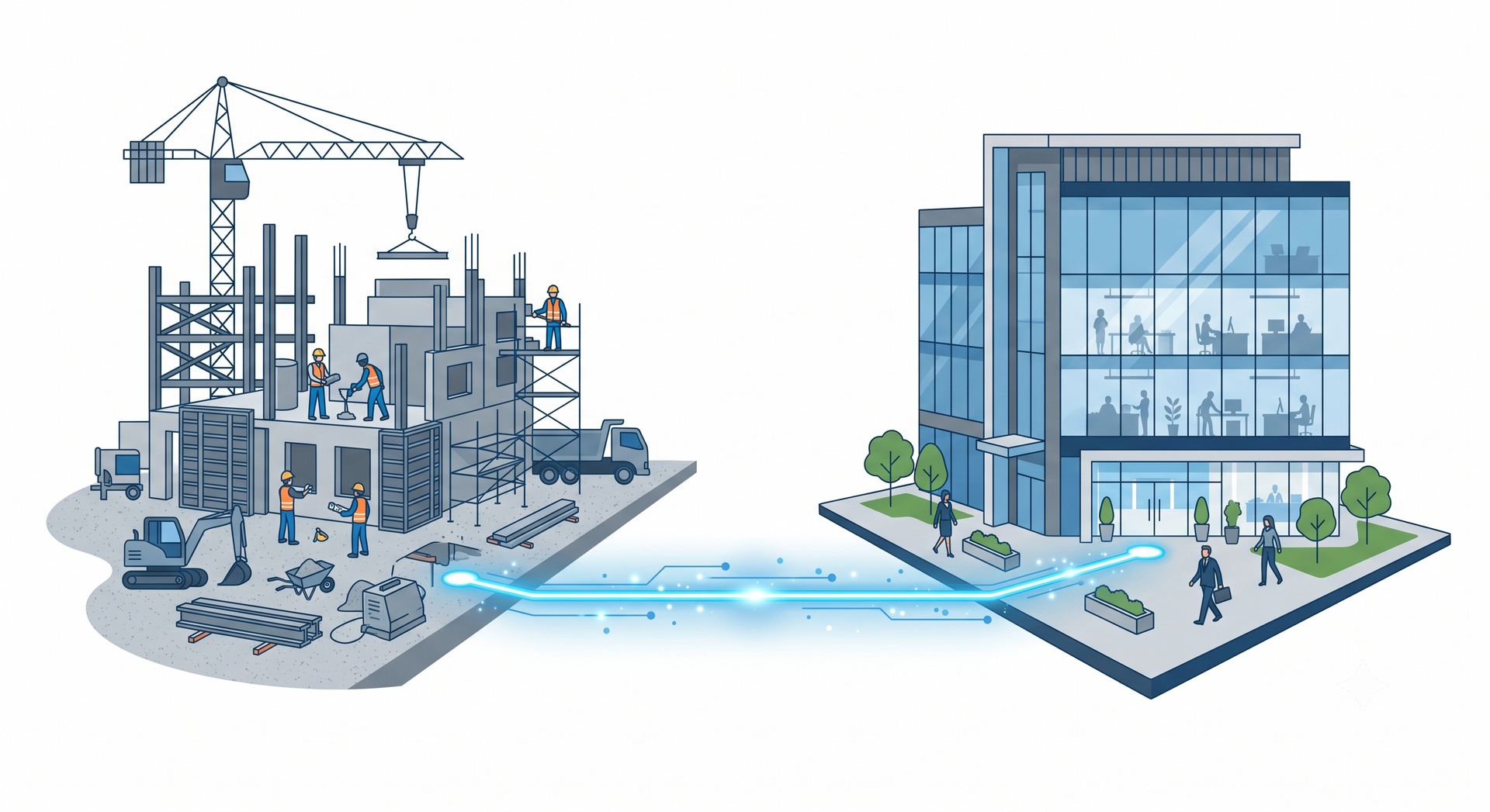 Construction site and modern office building connected by a glowing digital data link