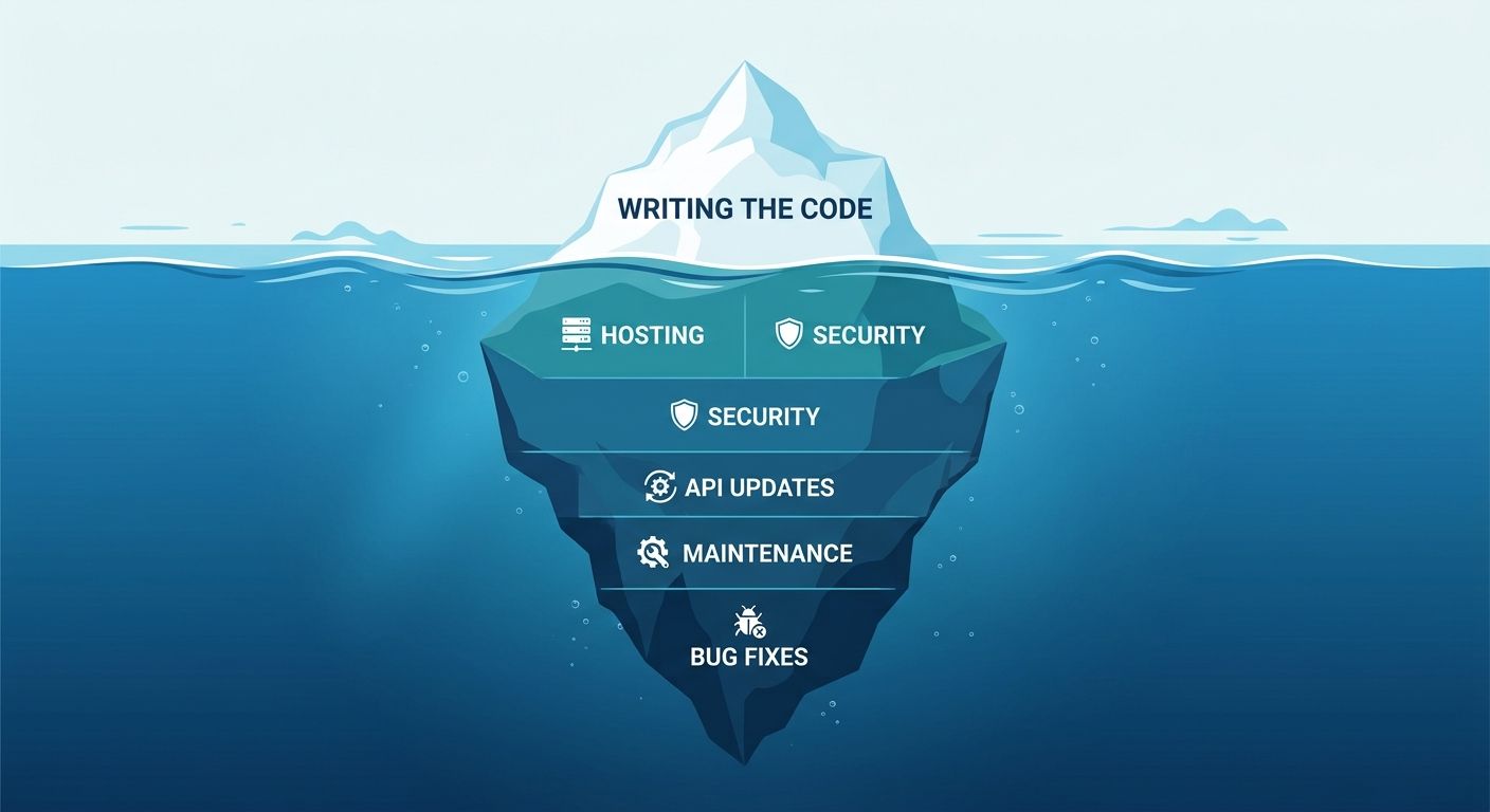 Iceberg infographic with “write the code” above; visible layers label security, flexibility, productivity, and more.