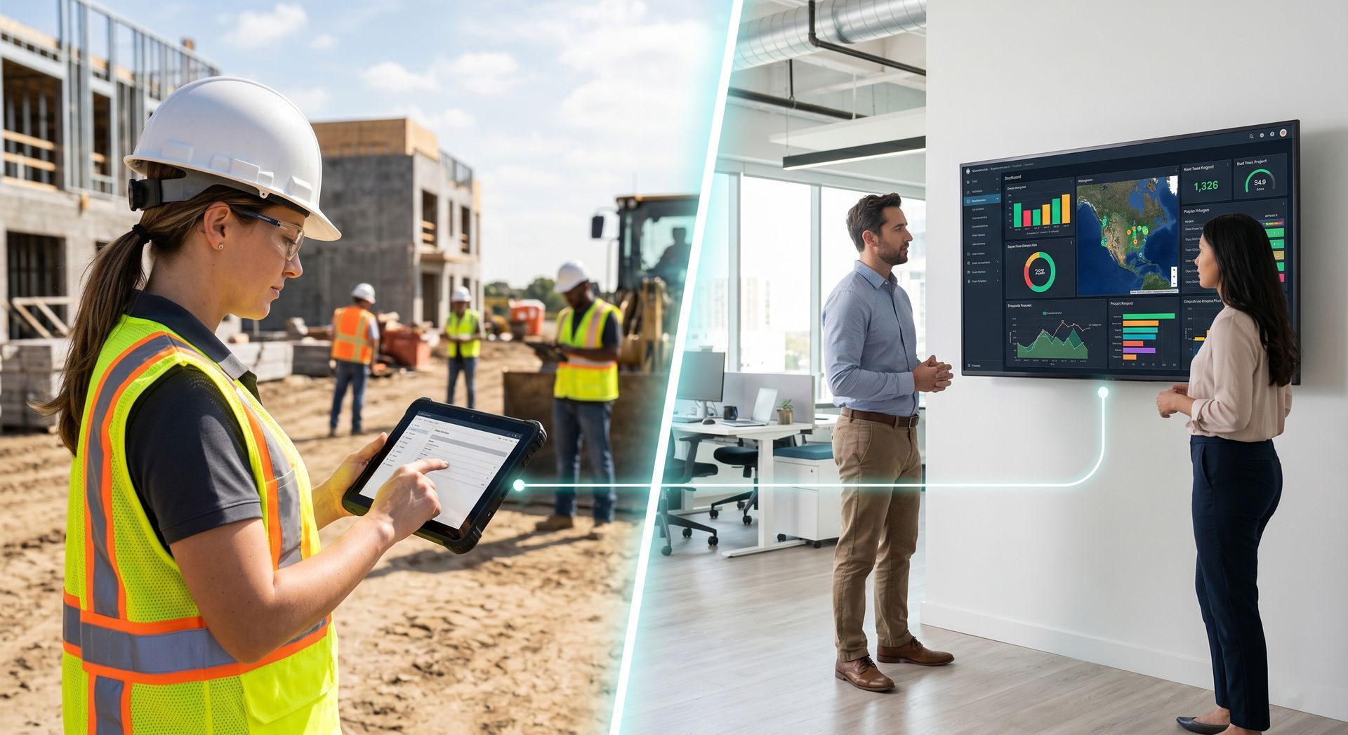 Construction worker using a tablet at a job site beside colleagues reviewing digital project data on a screen