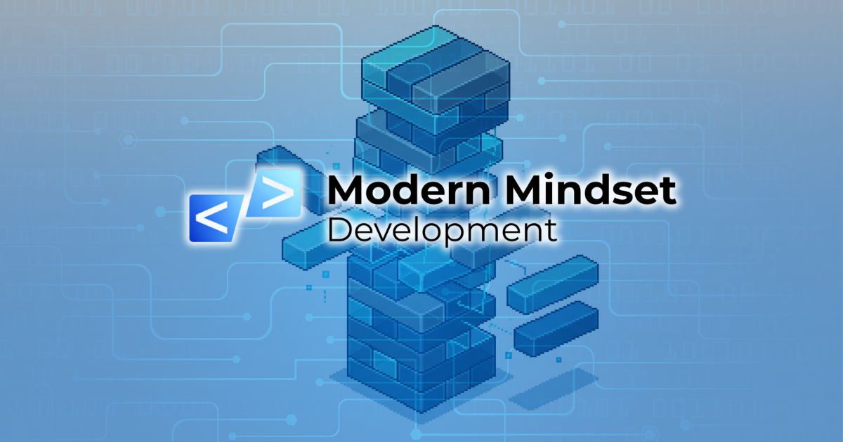 Modern Mindset Development logo on a blue tech-themed background with geometric cubes and code icons