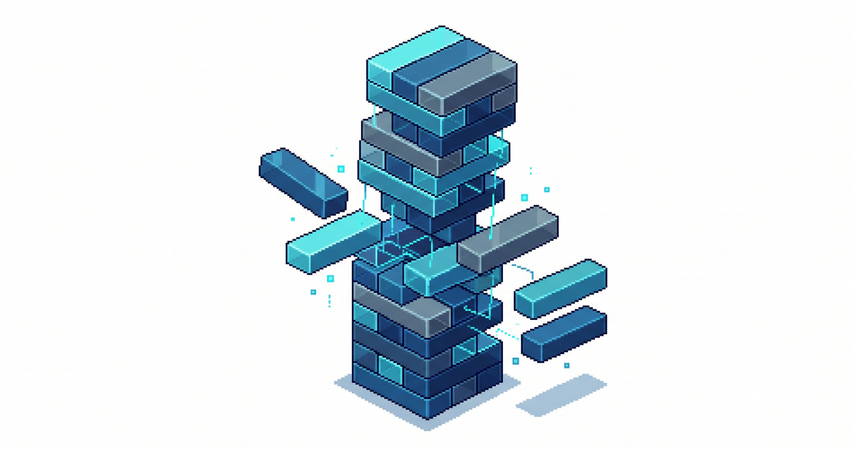 Abstract blue 3D digital tower with floating rectangular blocks on a white background