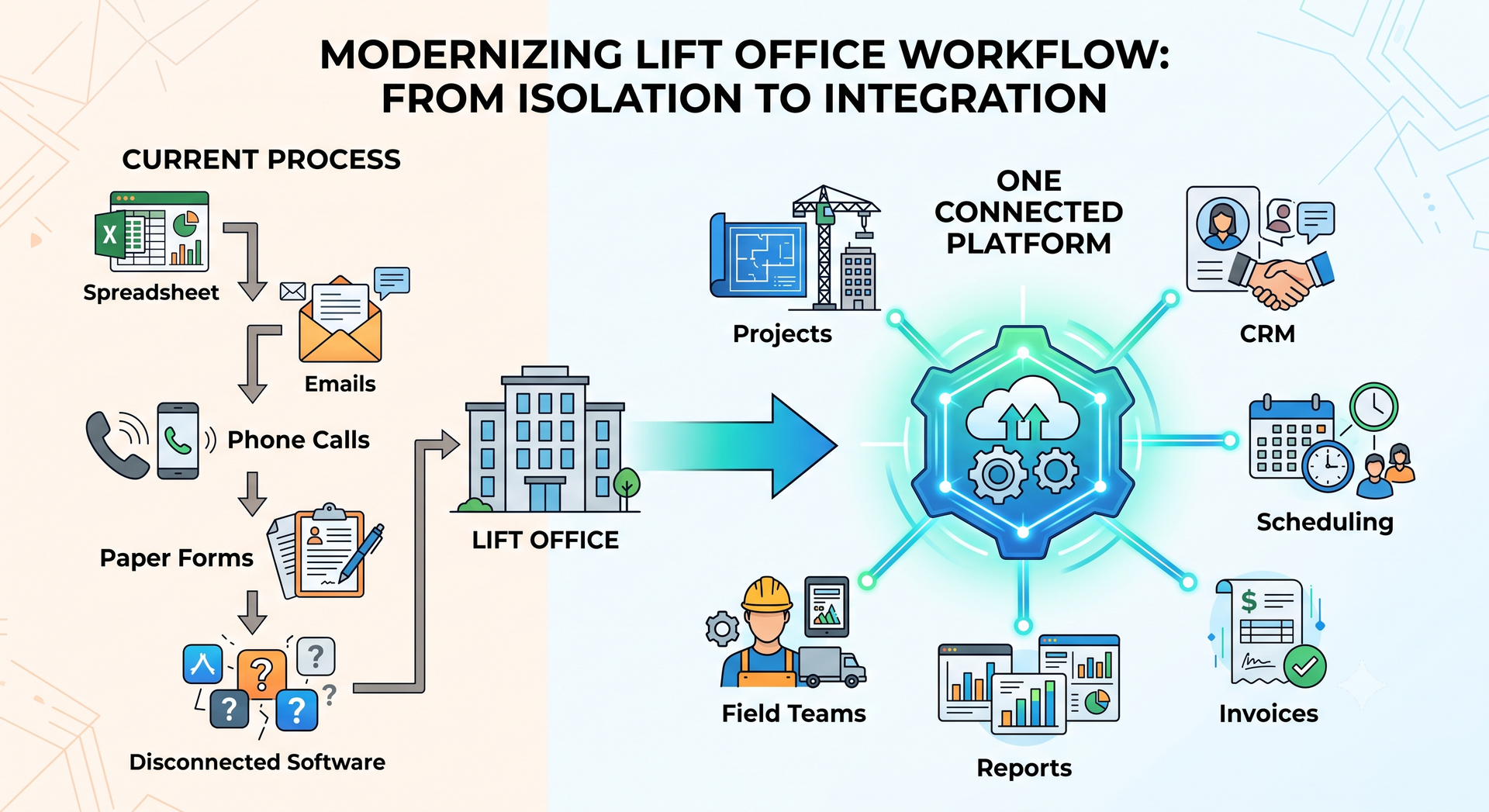 Diagram of office workflow modernization, from current processes to a cloud integration platform with icons for email, reports, and scheduling