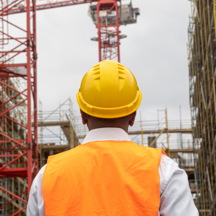 A person wearing a yellow hard hat and orange safety vest stands at a construction site, looking toward a crane.