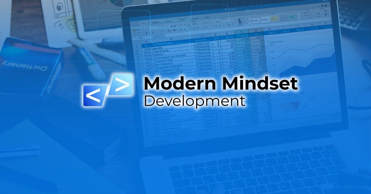 Blue tech-themed banner with laptop and logo text “Modern Mindset Development”