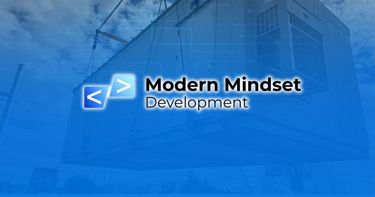 Blue logo reading “Modern Mindset Development” over a faint building background