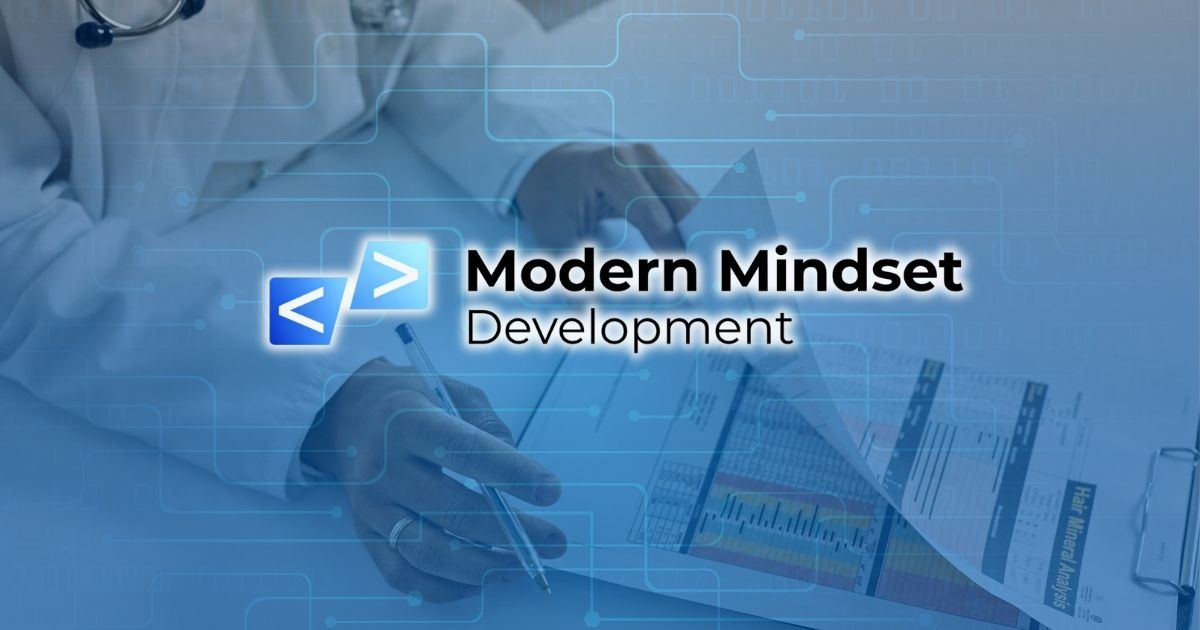 Blue corporate banner with “Modern Mindset Development” over charts and a hand using a tablet