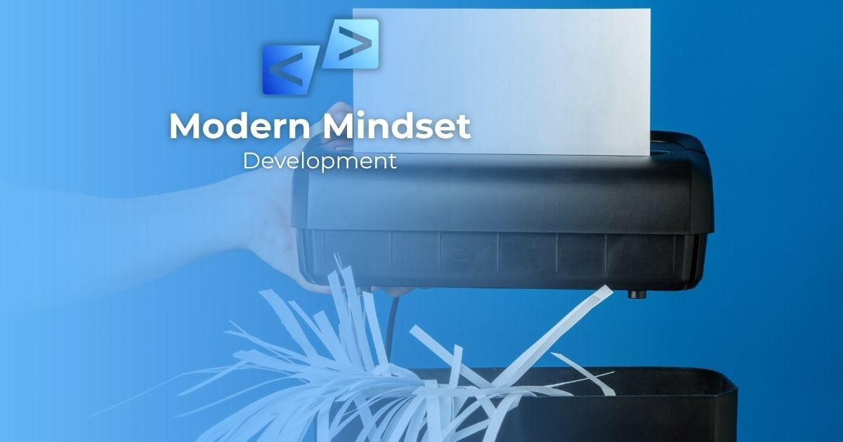 Modern Mindset corporate banner with blue printer and shredded paper on a blue background