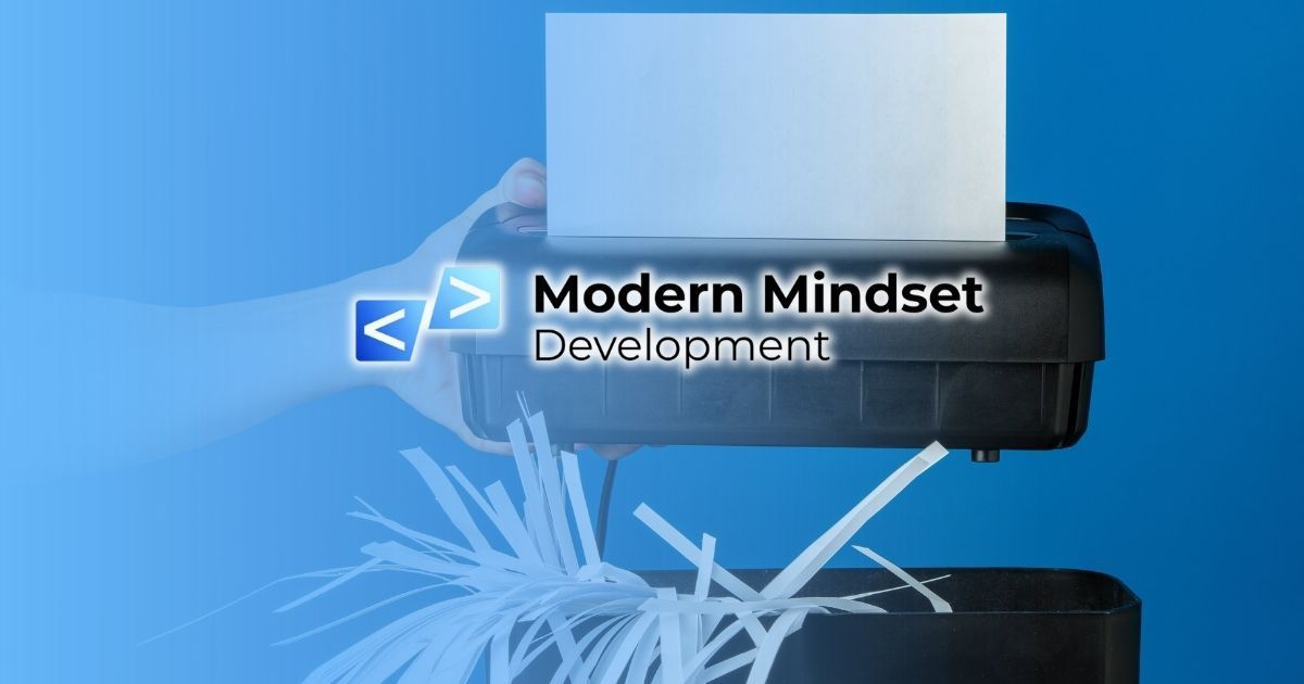 Blue promo graphic with “Modern Mindset” text and a black device printing white shredded paper