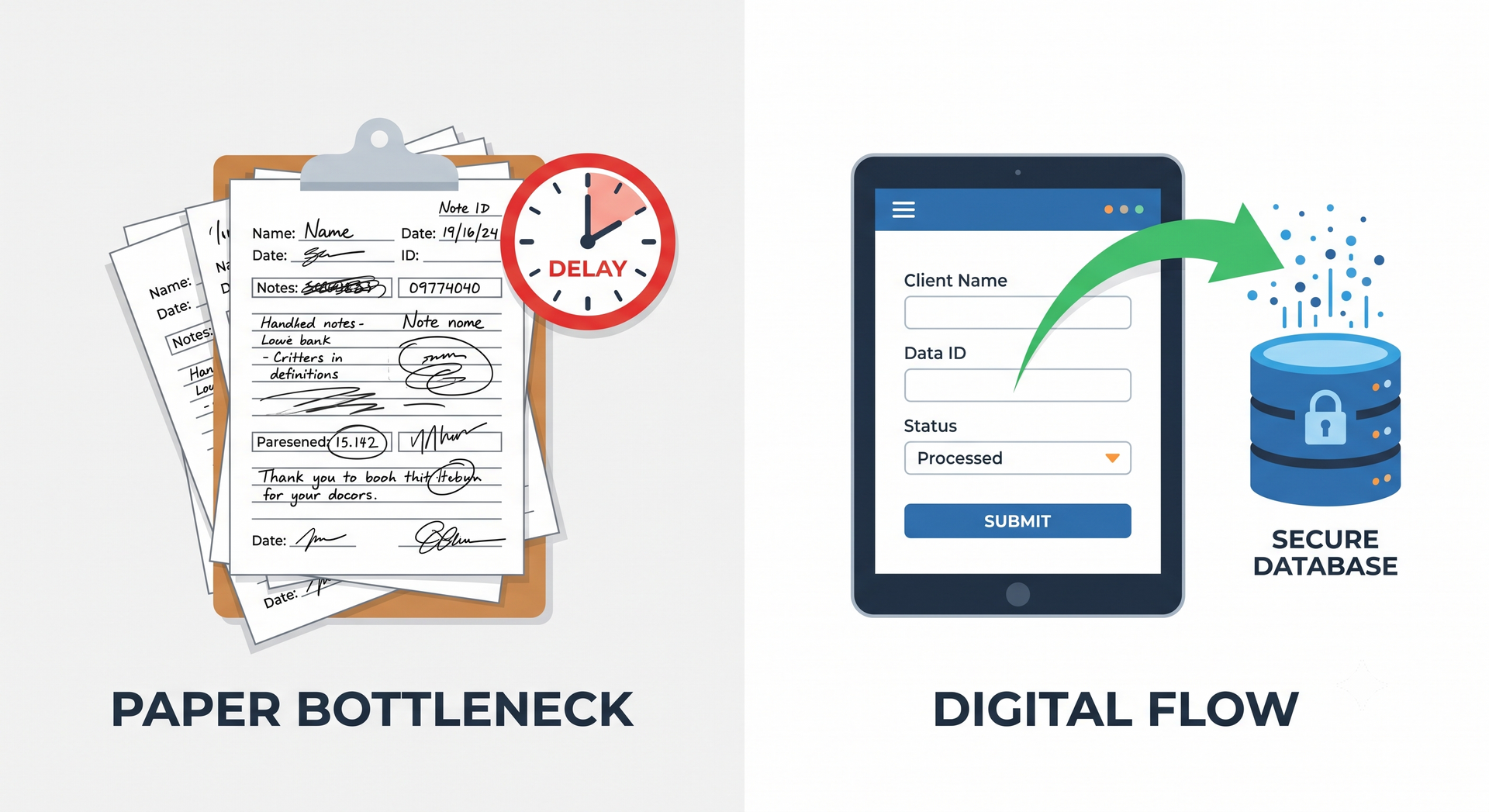 Paper forms labeled “paper bottleneck” beside a tablet showing a “digital flow” to a database.