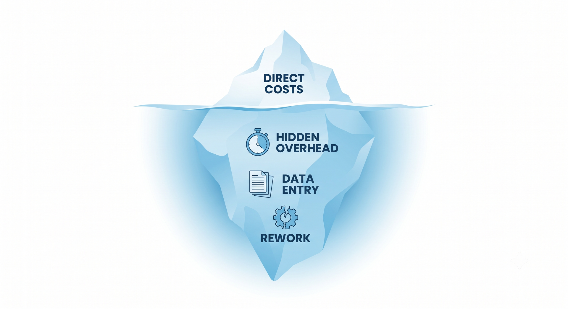 Blue iceberg chart showing hidden costs: hidden overhead, data entry, and rework beneath the surface