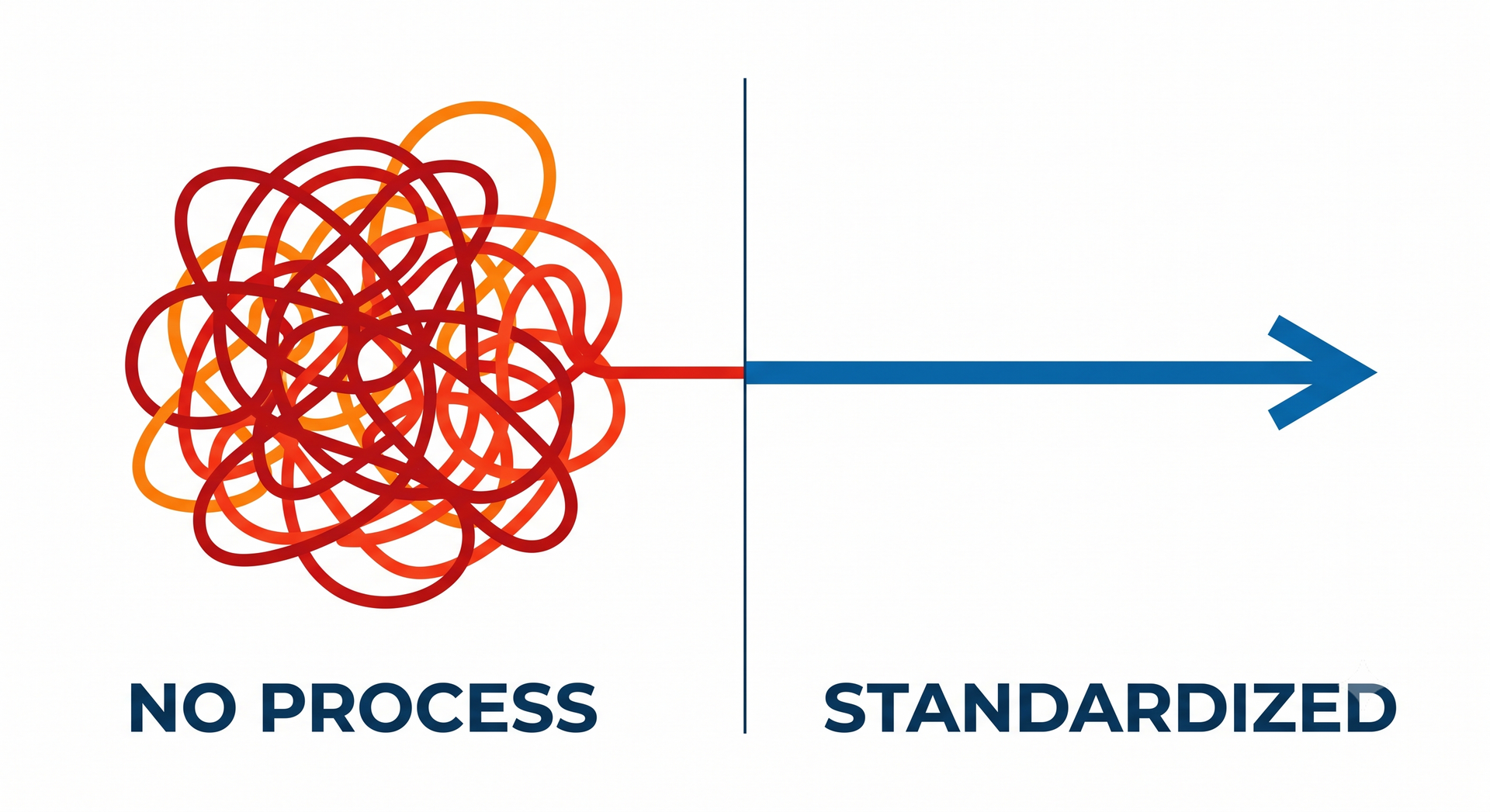 Messy red scribbles labeled “NO PROCESS” point to a blue arrow toward “STANDARDIZED”