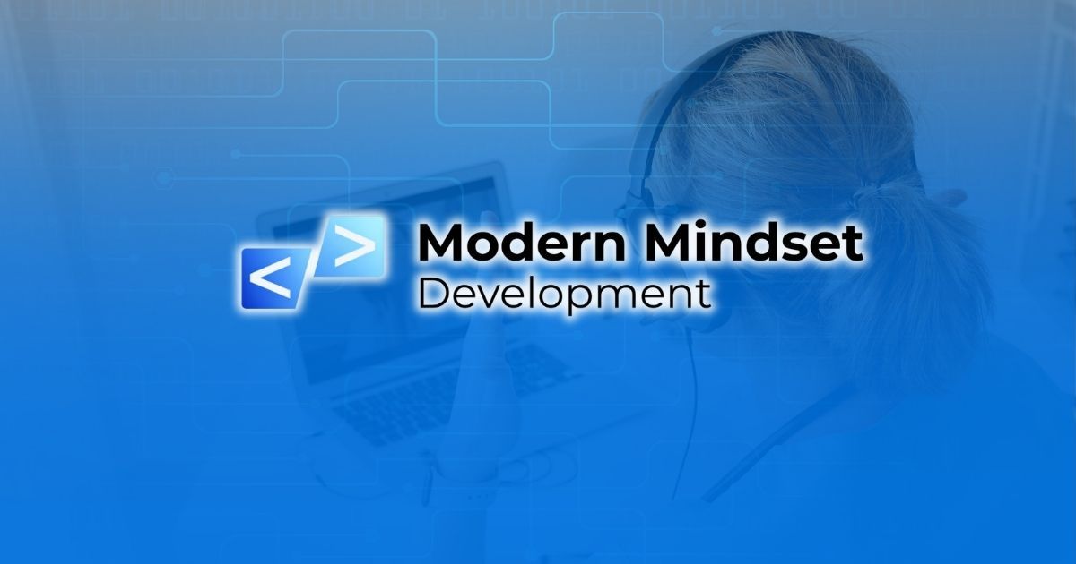 Blue logo reading “Modern Mindset Development” over a faint background of a person at a computer