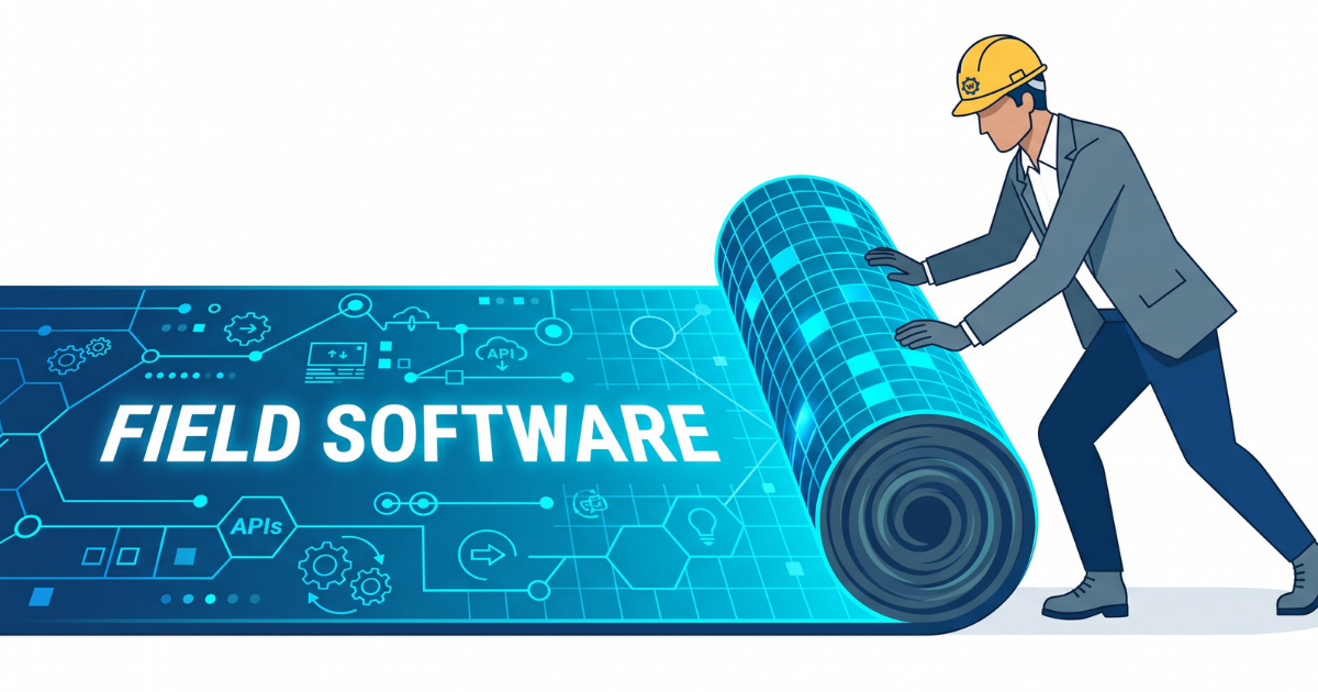 Engineer rolling up a blue blueprint banner labeled “FIELD SOFTWARE”