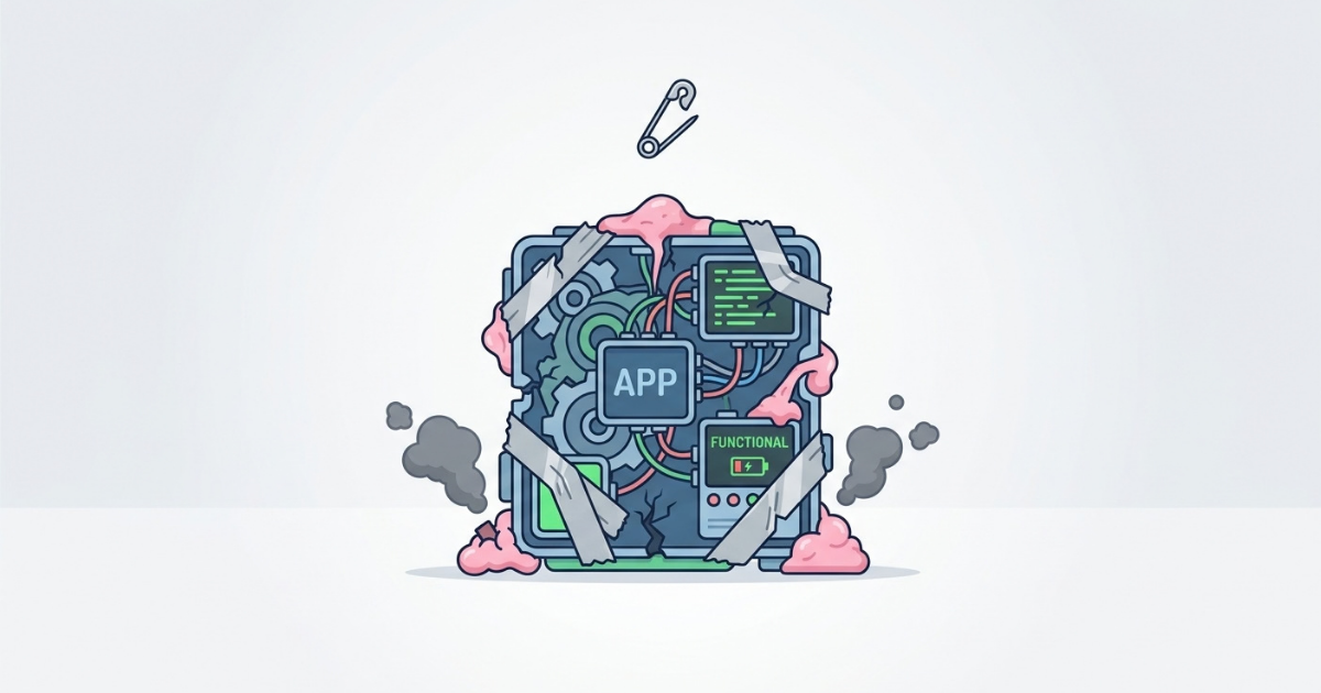 Stylized app icon with a gear and coding tools in blue, pink, and teal on a white background