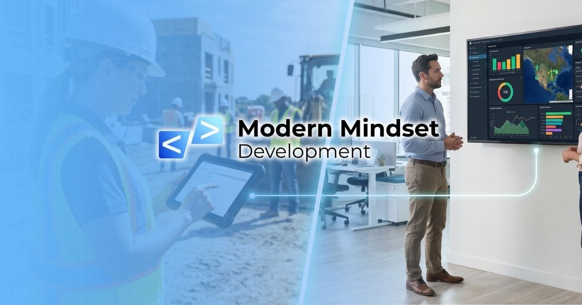 Modern Mindset Excellence banner with blue tech-themed office scene and man viewing a monitor