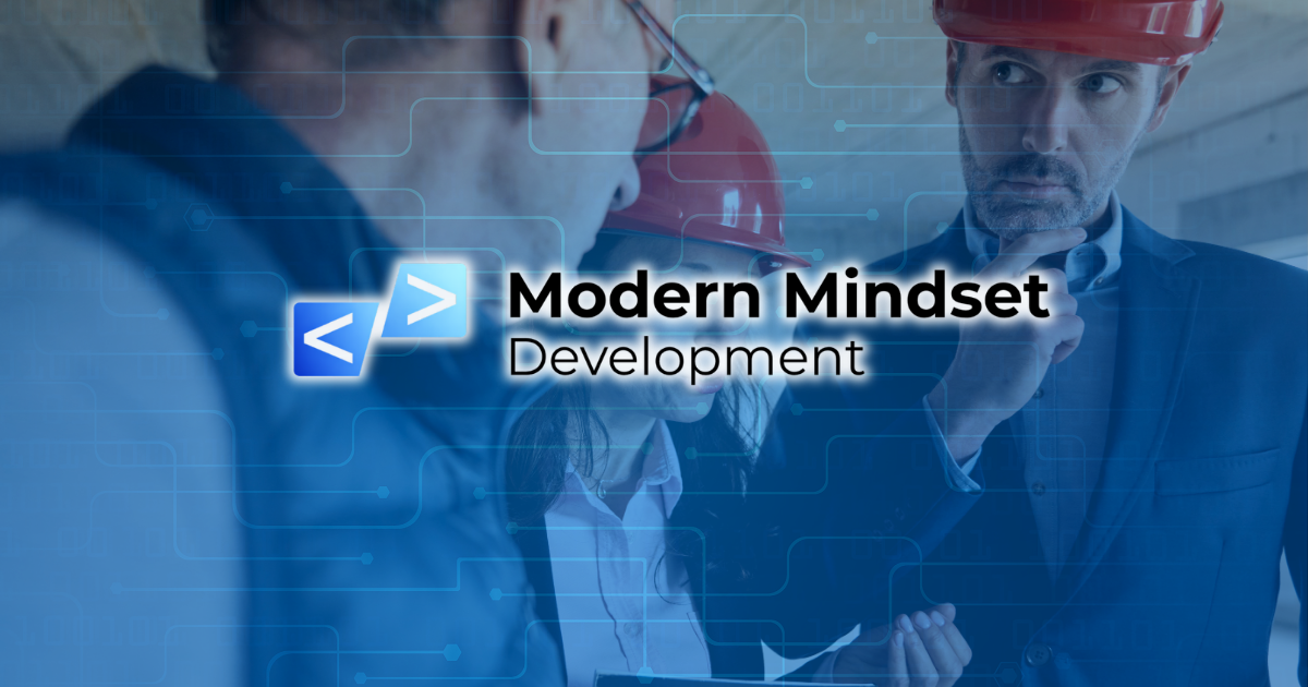 Two engineers in hard hats over a blue-tinted industrial background with “Modern Mindset Development” text