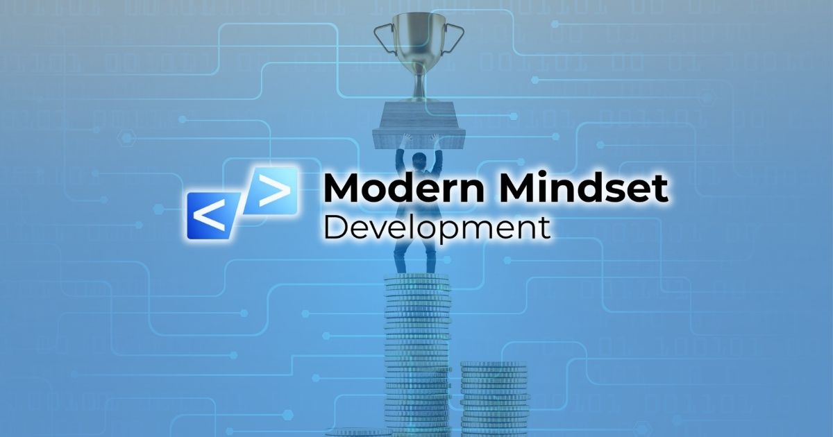 Modern Mindset Development logo on a blue tech-themed background with a stylized tower and trophy icon