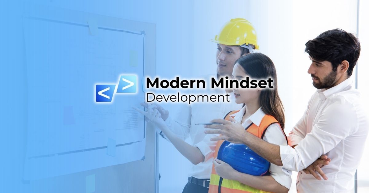 Modern Mindset presentation with three people in safety gear at a whiteboard