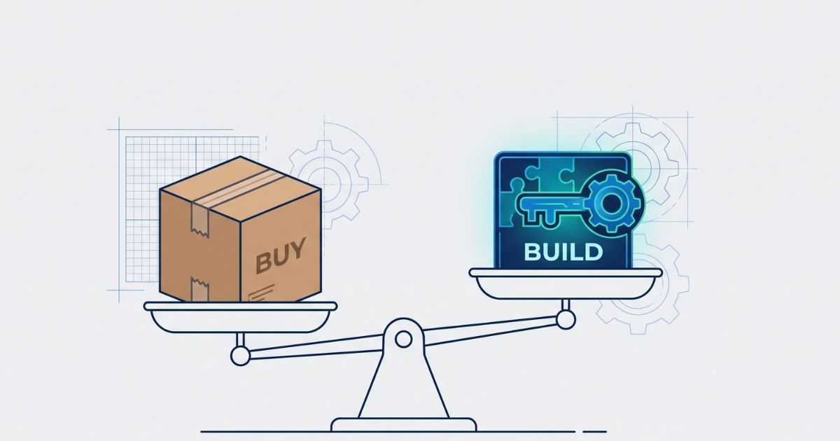 Scales balancing a cardboard box labeled “BUY” and a laptop labeled “BUILD” over blueprint-style background