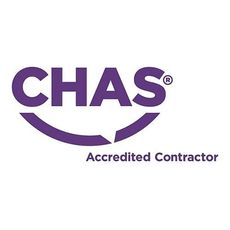 CHAS Accredited Contractor logo in purple with a curved underline on a white background