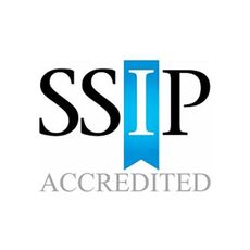 SSIP Accredited logo with black letters and a blue “I” and ribbon accent