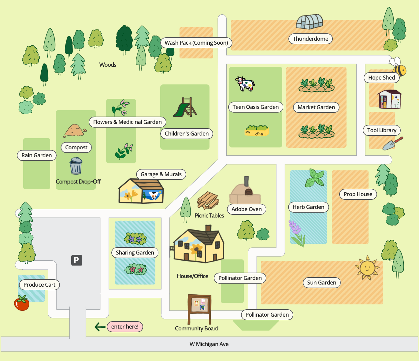 A map of a park with lots of buildings and trees