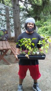 A man with a beard is holding a tray of plants.